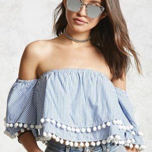 BNWOT Forever 21 Stripe Pom Pom Off Shoulder Top